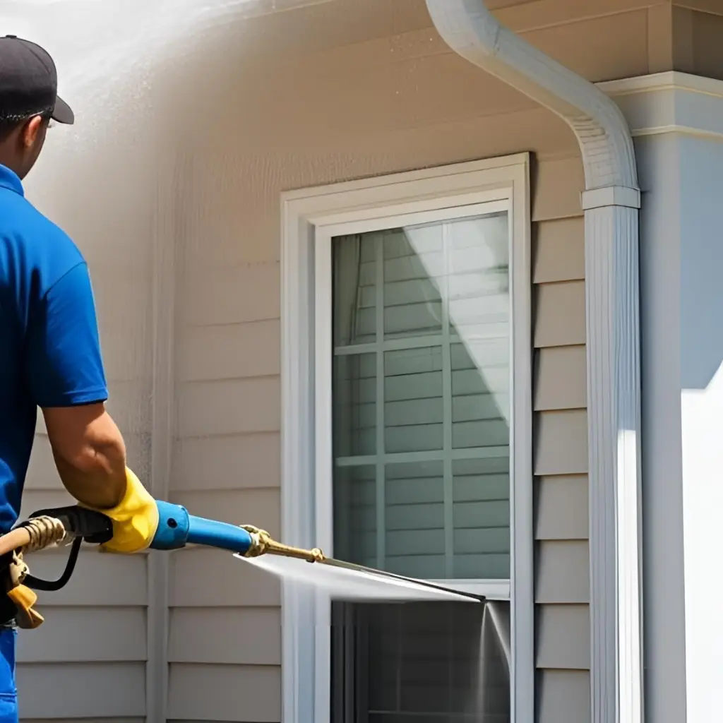a man wearing a blue shirt and yellow gloves spraying water on a house