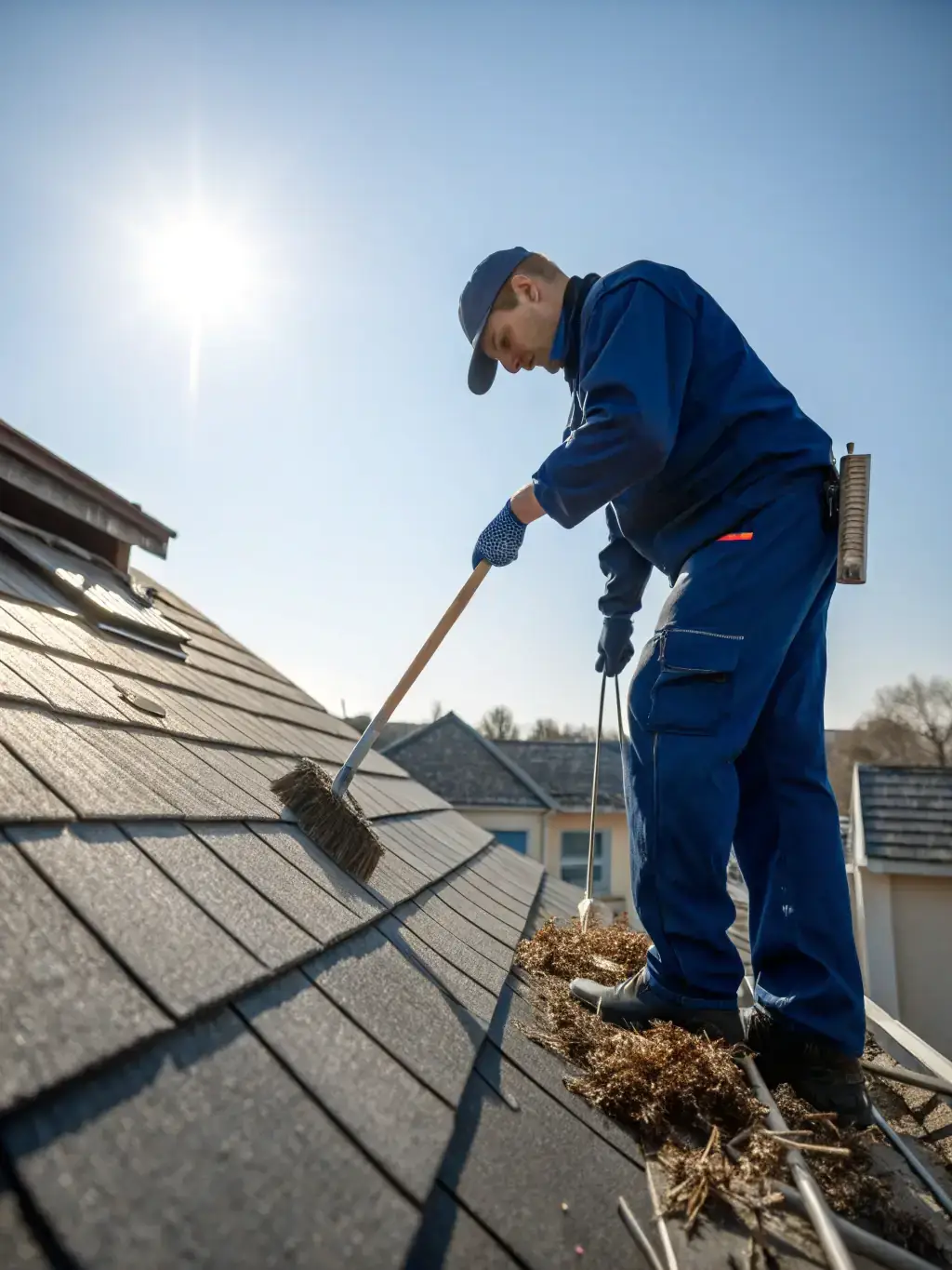 a man sweeping the roof of a house